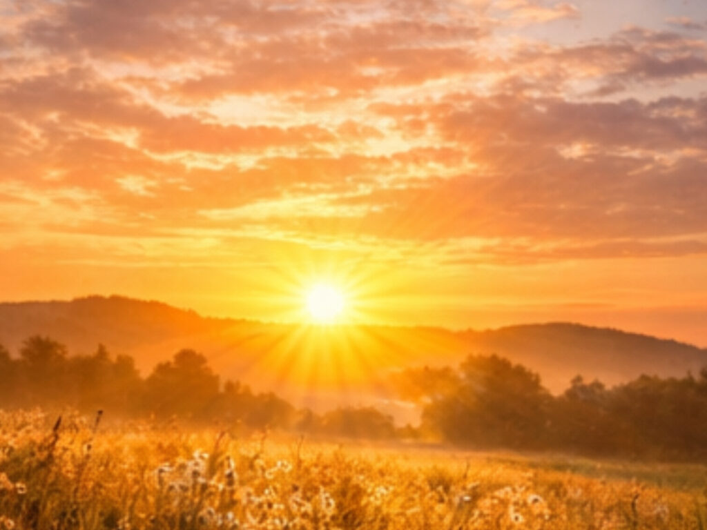 Golden summer solstice sunrise over wildflowers and rolling hills, symbolizing light, renewal, and how to celebrate Litha at dawn.