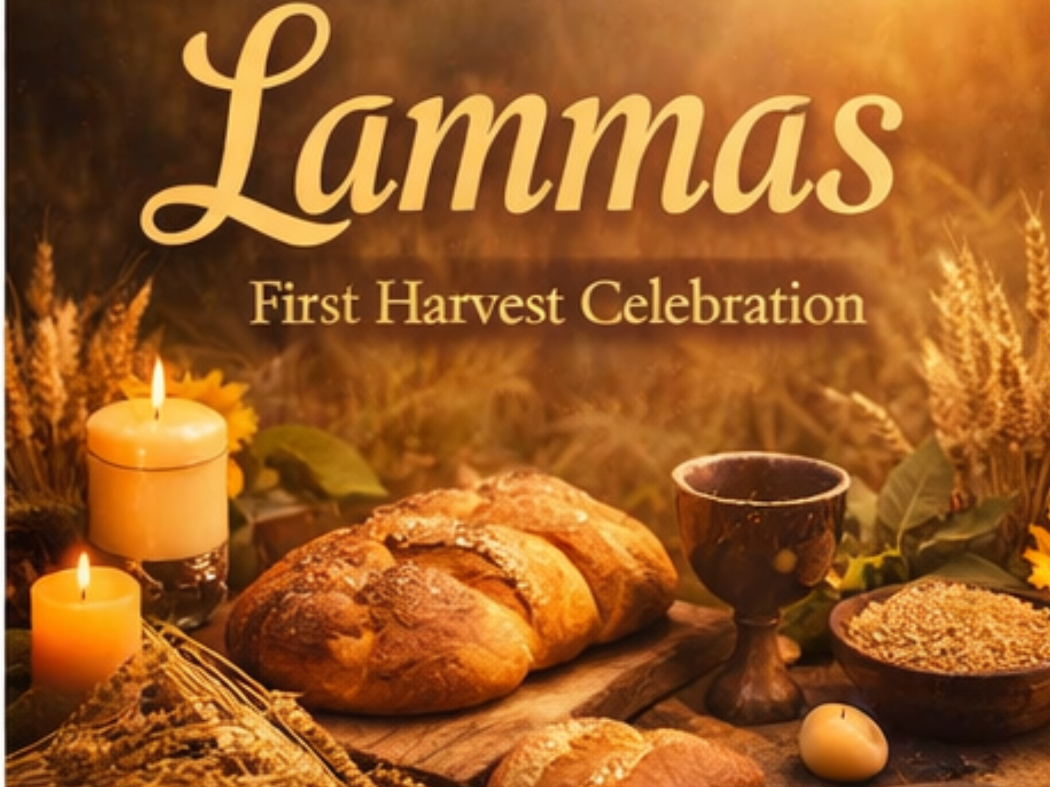 Lammas first harvest celebration with bread, wheat, candles and ritual tools illustrating how to celebrate LAMMAS with sacred harvest traditions.