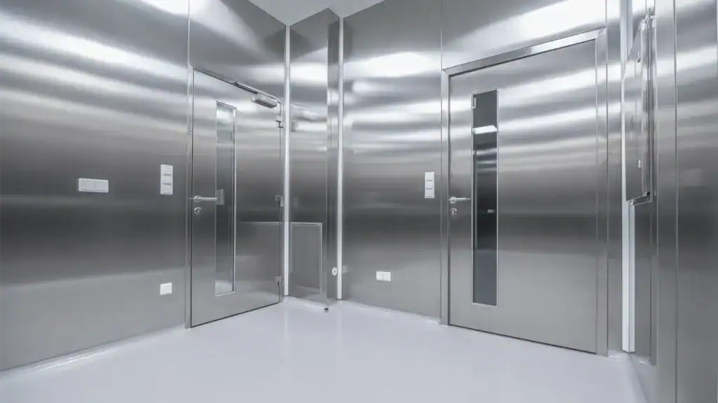 Hygienic stainless steel cleanroom sectional door for pharmaceutical and controlled environments