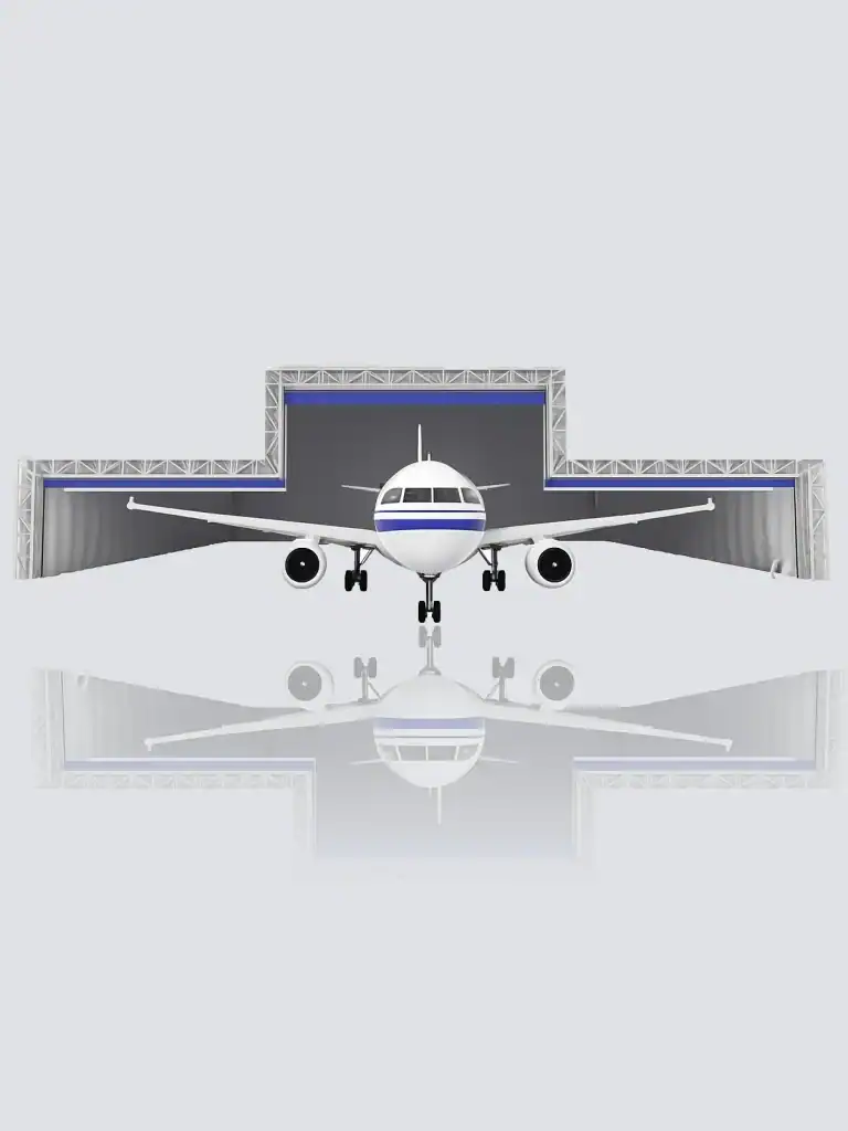 Safeguard aircraft hangar door category icon showing a large hangar opening with an airplane.
