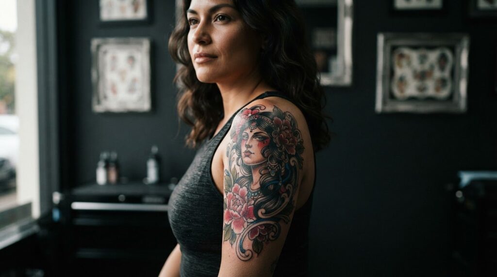Neo Traditional Girl Head Tattoo: Design, Colour and Composition
