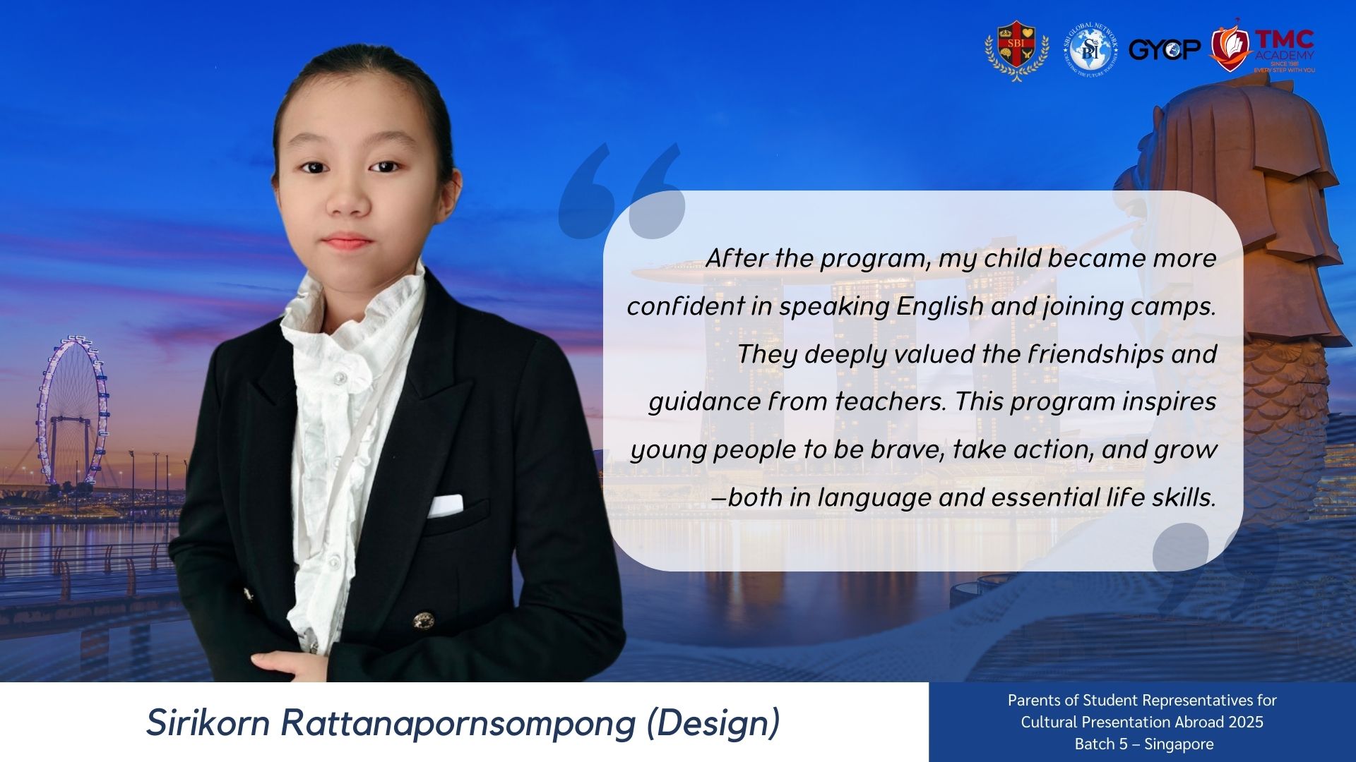 เด็กหญิงในชุดทางการพูดคุยความสำเร็จจากโปรแกรมภาษาอังกฤษและการสร้างมิตรภาพ.