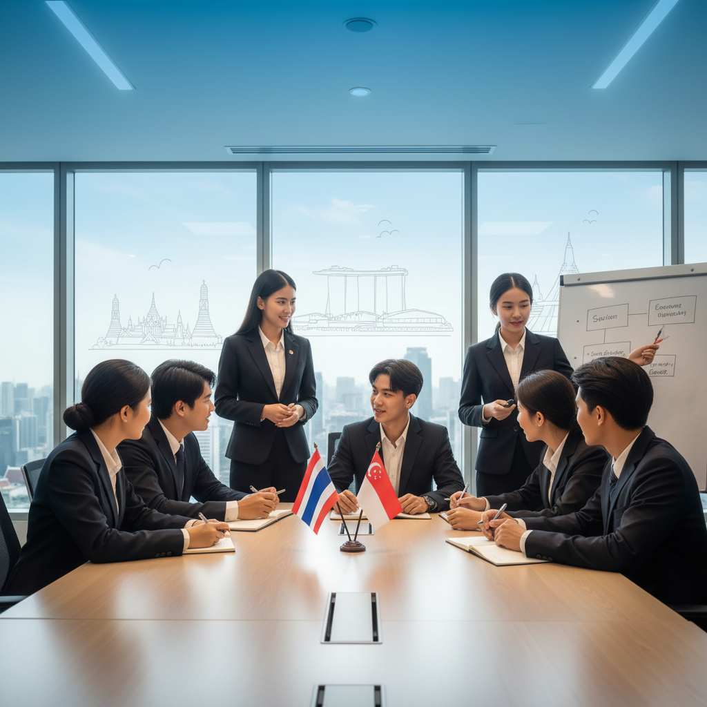บริษัทสนับสนุนเครือข่ายธุรกิจระหว่างประเทศไทยและสิงคโปร์ในห้องประชุม.