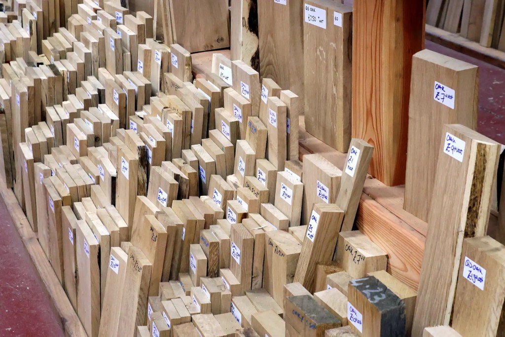 Hundreds of kiln dried hardwood offcuts in the Scottish Wood showroom