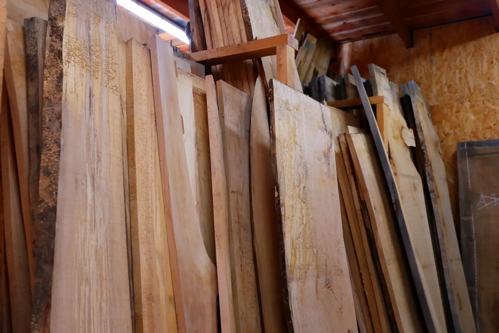 View inside the Scottish Wood stores of rough sawn hardwood timber boards