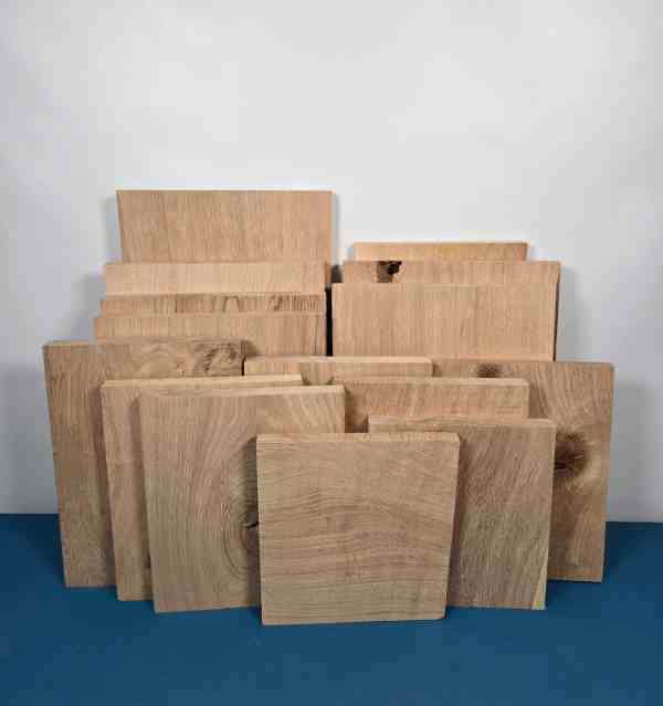 Scottish oak planed timber boards and offcuts for woodworking.
