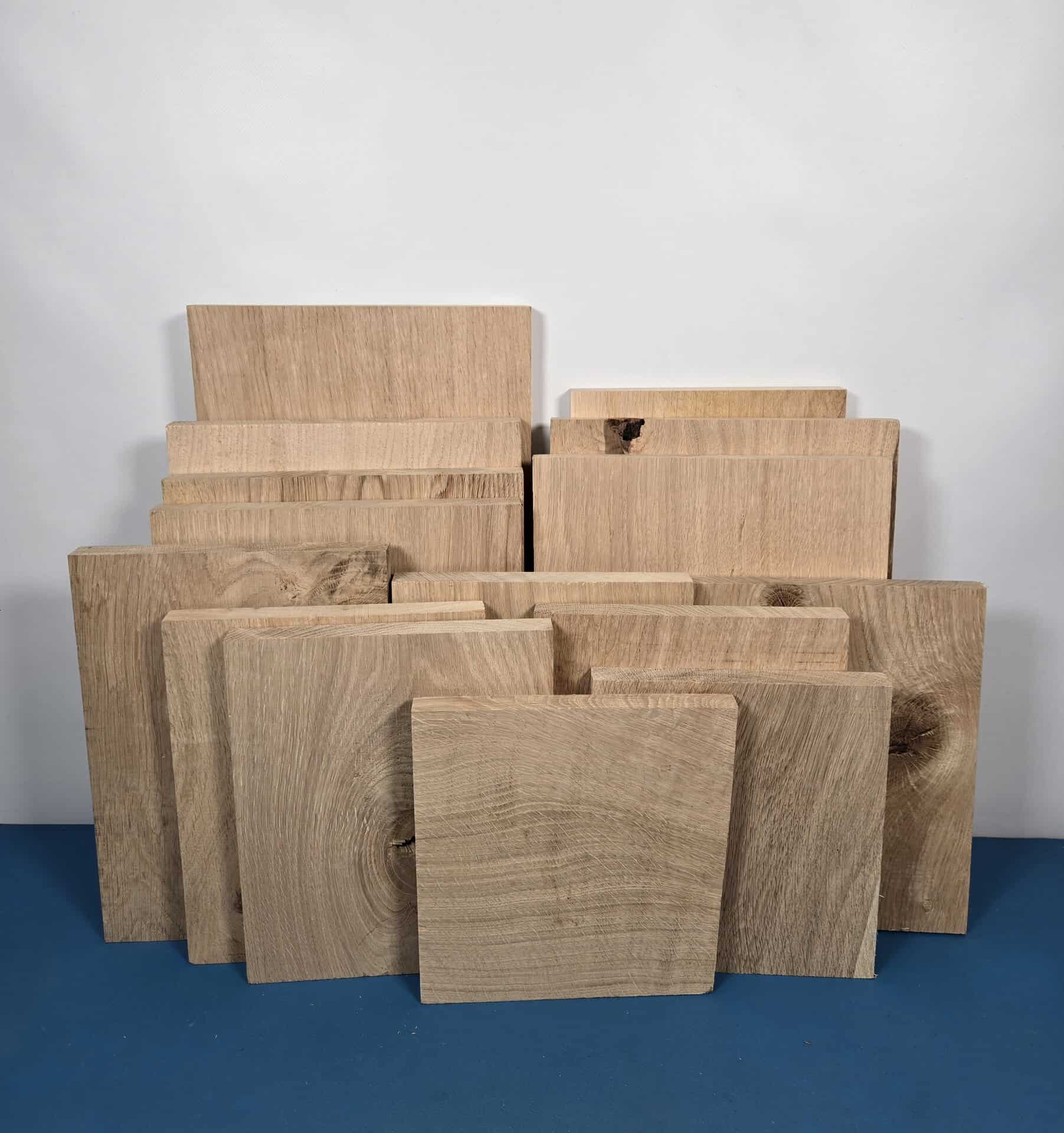 Scottish oak planed timber boards and offcuts for woodworking.