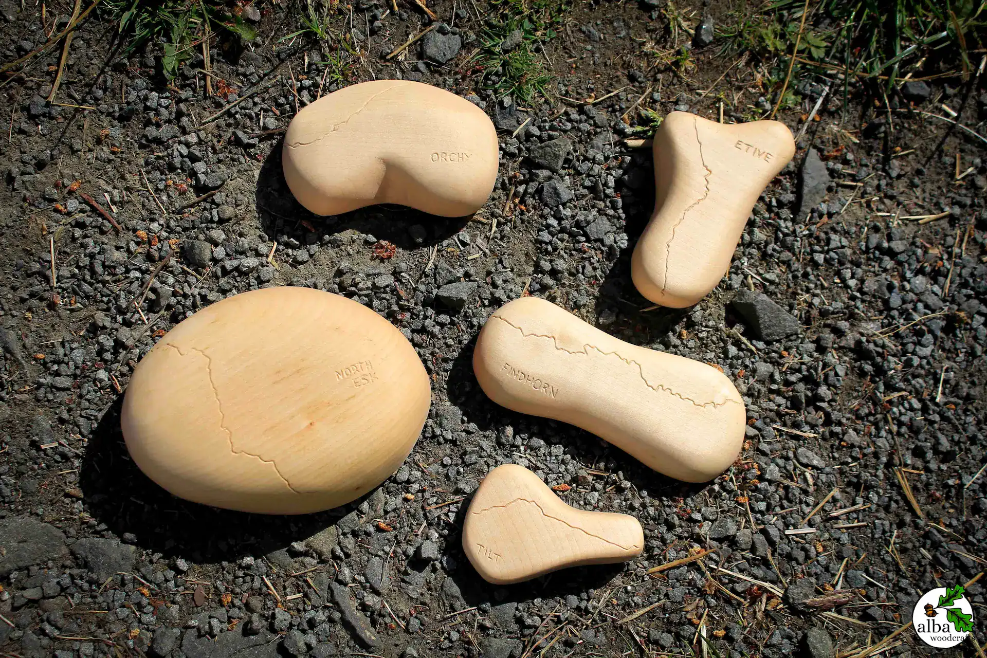 Wooden climbing holds, hand carved with Scottish rivers - a unique project and gift idea for lovers of the Scottish outdoors!