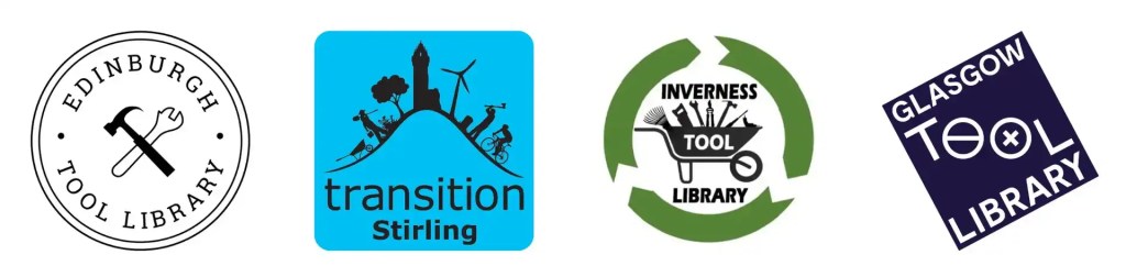 Logos for Scottish tool libraries, including Edinburgh Tool Library, Stirling Library of Things, Inverness Tool Library, and Glasgow Tool Library