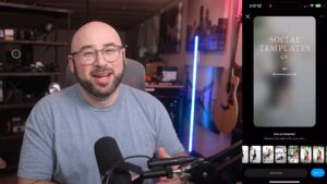 Smiling man podcasting, social media template on screen.