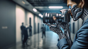 Cyborg photographer capturing images in modern hallway.