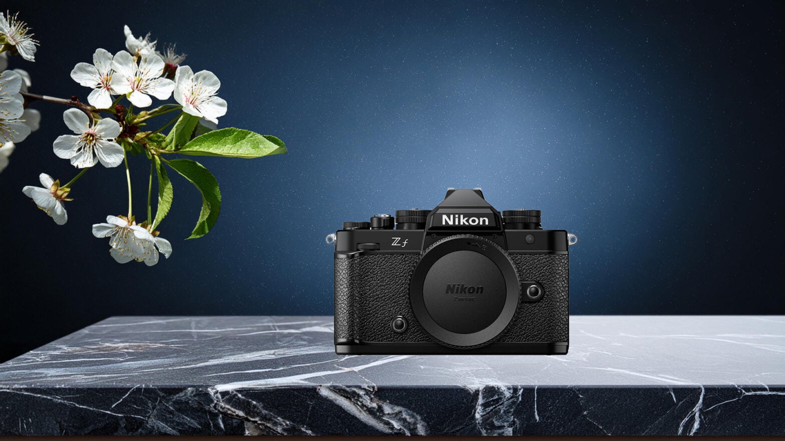 The Perfect EDC Camera - Nikon Zf Nikon Z camera on marble with cherry blossoms.