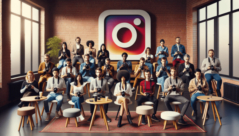 A community of photographers sitting in a room with a Facebook advertisement on the wall