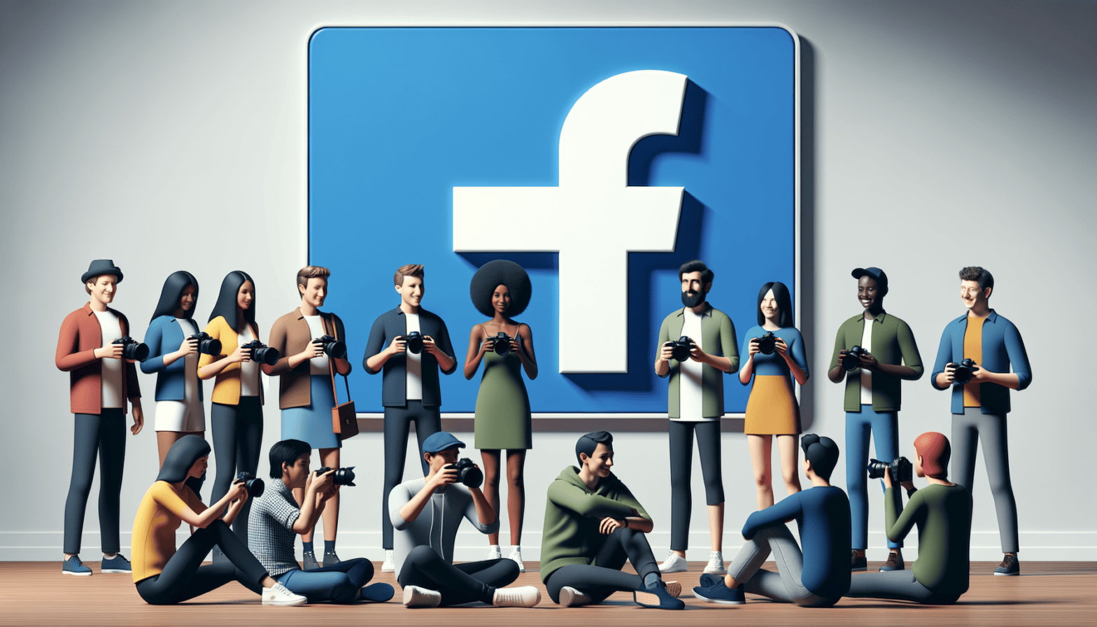 A community of photographers sitting in a room with a Facebook advertisement on the wall