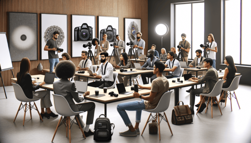 A community of photographers sitting in a room with a Facebook advertisement on the wall