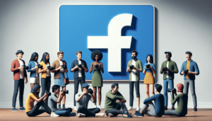 A community of photographers sitting in a room with a Facebook advertisement on the wall