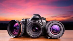 Multiple camera lenses with sunset background