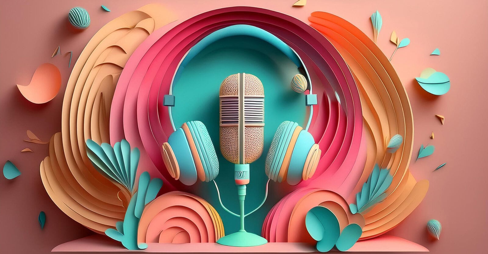Colorful microphone and headphones, paper-cut art style