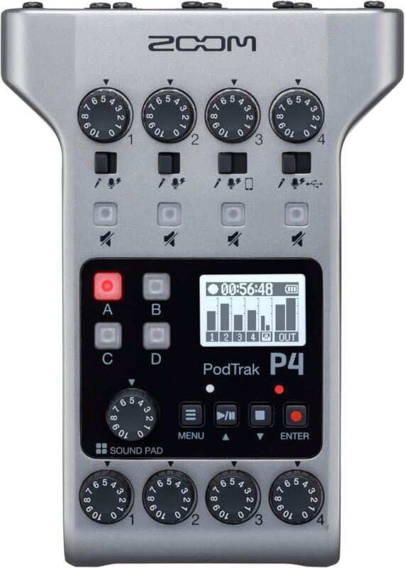 Podcaster Zoom PodTrak P4 portable podcast recorder with controls.