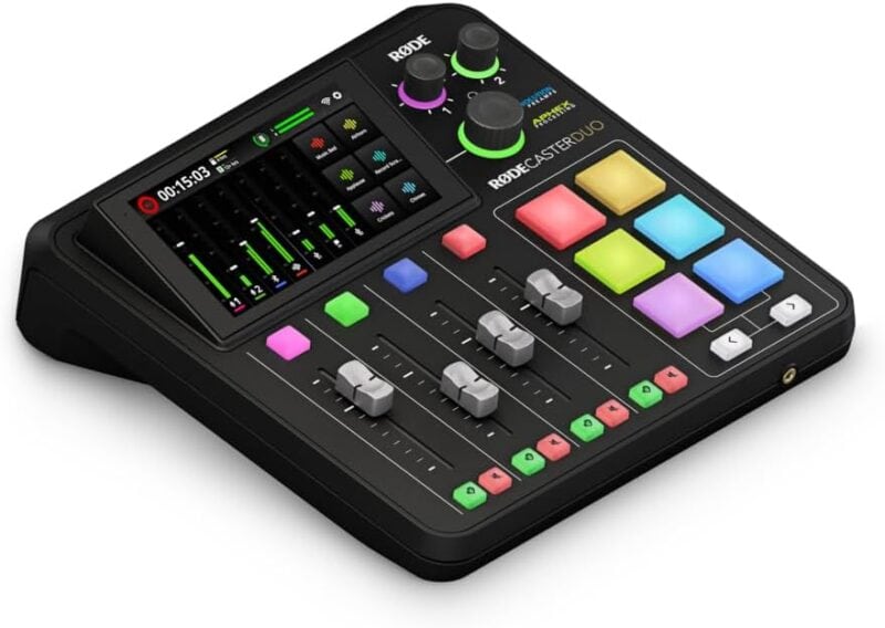 Podcaster RodeCaster Duo podcast production audio mixer.
