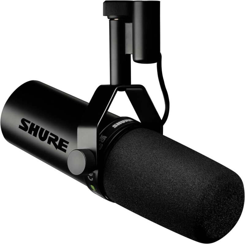 Podcaster Black Shure microphone for professional audio recording.