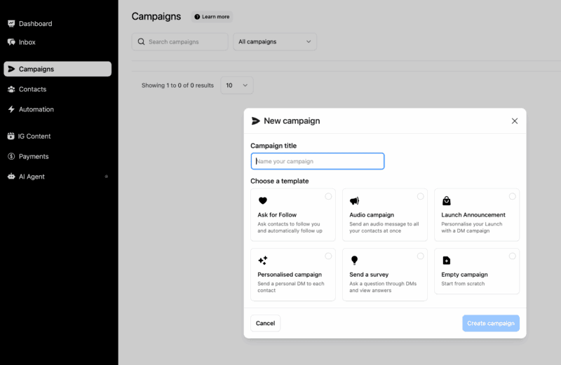 Campaign creation dashboard with various templates.
