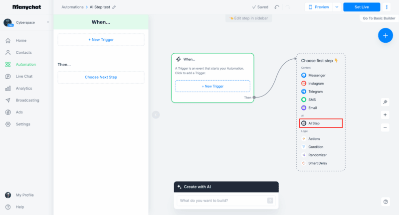 Manychat automation interface with AI step options.