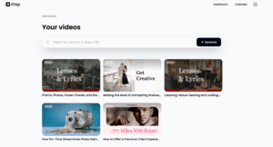 Klap dashboard displaying uploaded video thumbnails