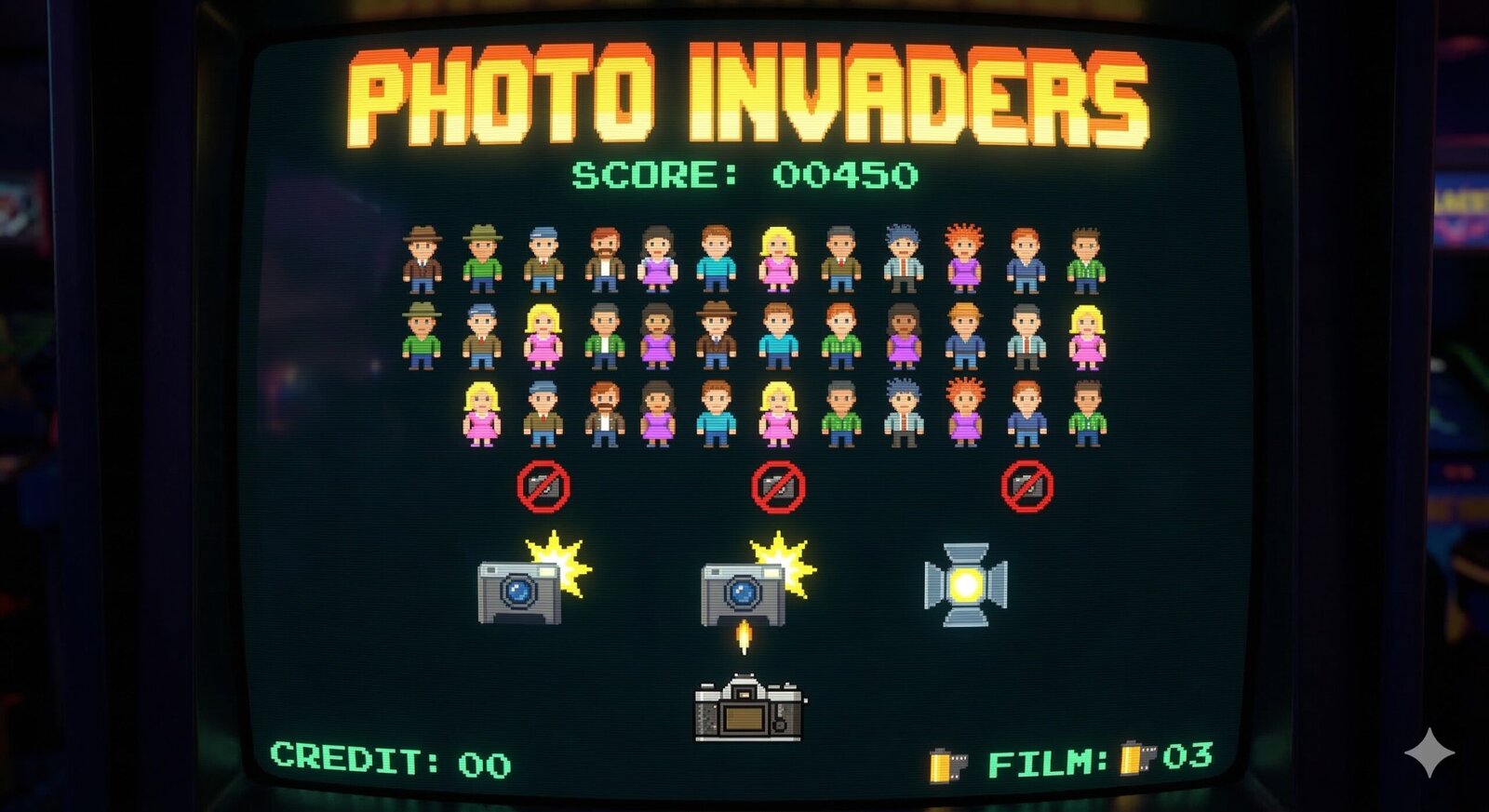 Fending off the Flashes - Reimagining a Classic with Photo Invaders Photo Invaders arcade game screen
