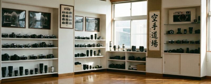 Camera collection on shelves.
