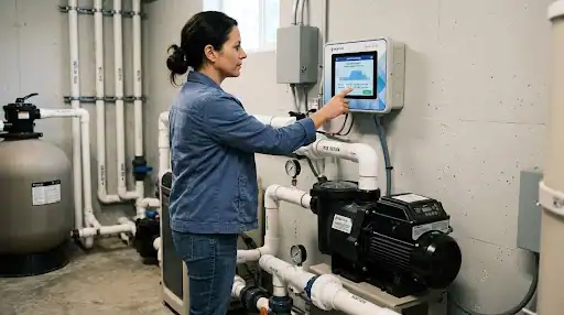 Woman working on a variable smart pool speed pump as an extra pool water feature in Orlando