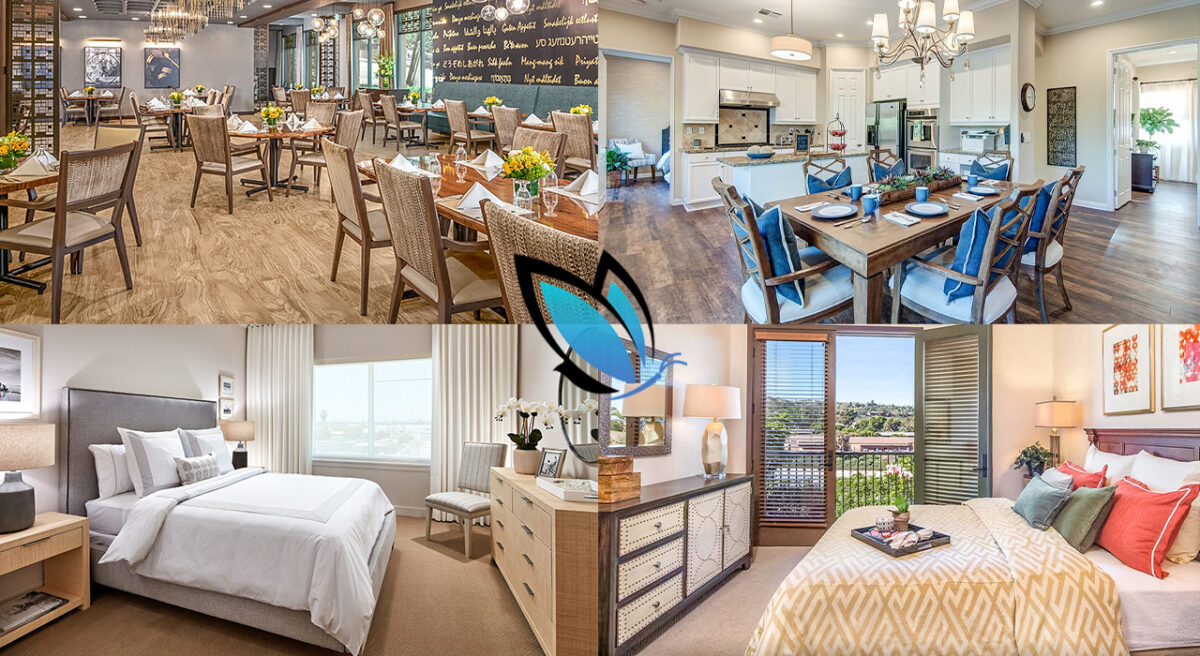 Comparison photos of dining areas and private bedrooms in a small care home versus a large assisted living community