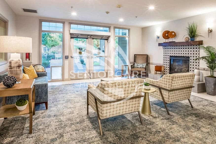 Modern lobby at Discovery Commons Raincross Senior Living