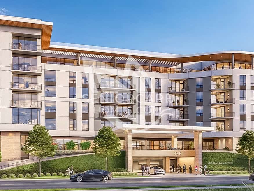 Architectural rendering of the Clearwater at The Heights entrance, with a covered drop-off area, balconies on every floor, and a rooftop terrace.