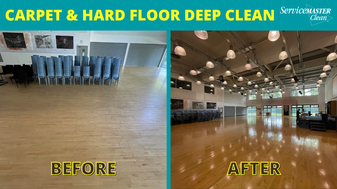 Deep cleaning of carpets and hard floors in commercial spaces.