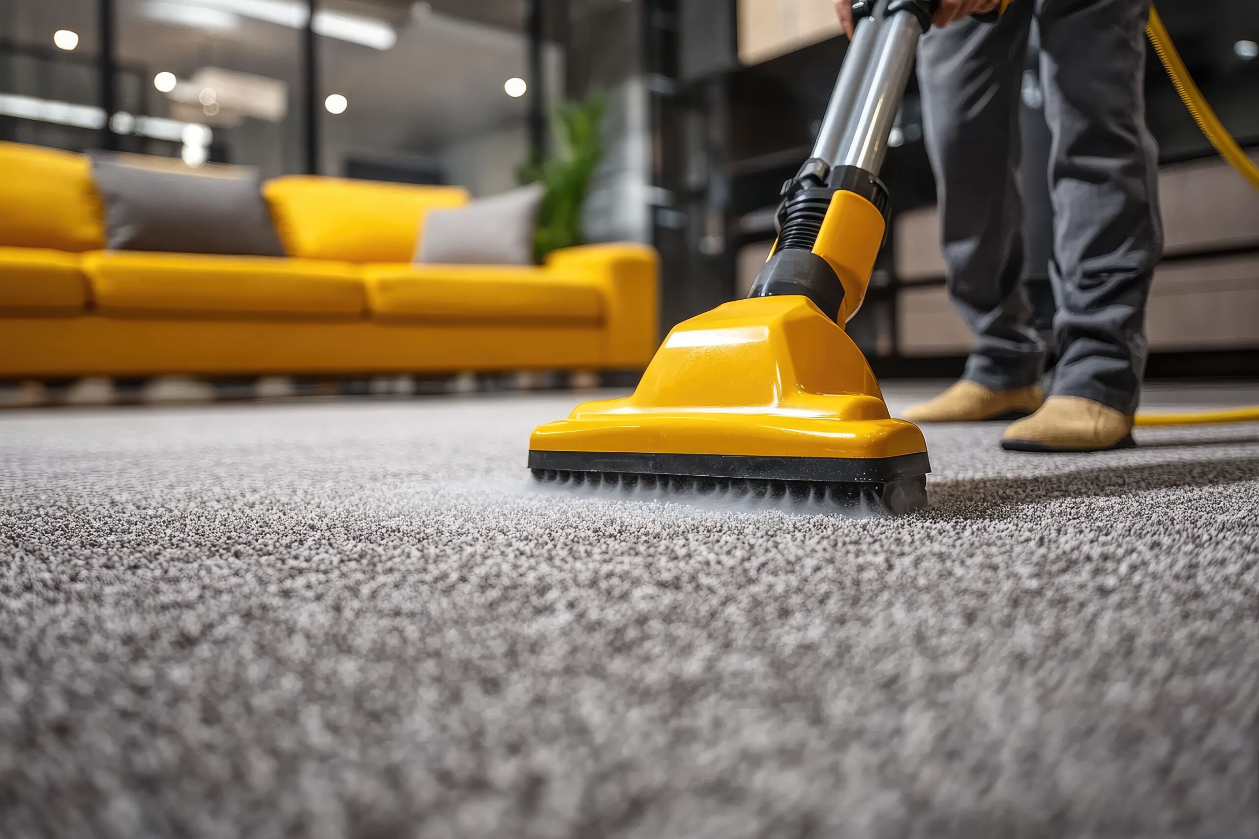 Commercial carpet cleaning using professional equipment in a modern office setting.