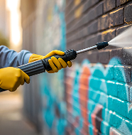 Professional pressure washing graffiti removal on brick wall in Manchester.