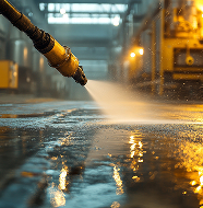 Industrial pressure washing of a wet concrete surface with a spray nozzle.