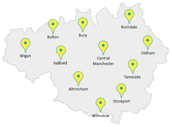 Map of Manchester cleaning service locations in Wigan, Bolton, Bury, Rochdale, Oldham, Tameside, Sto.