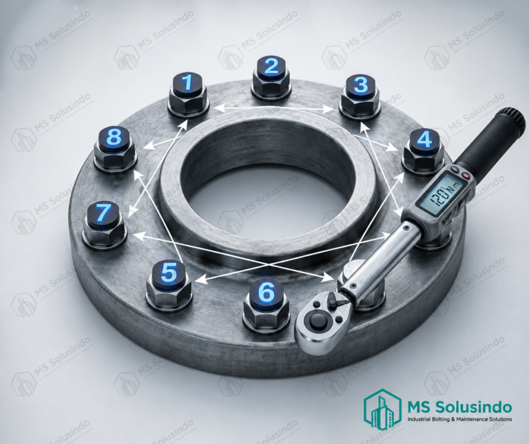 Torque sequence pada proses Bolt Tightening menggunakan hydraulic torque wrench pada sambungan flange industri.