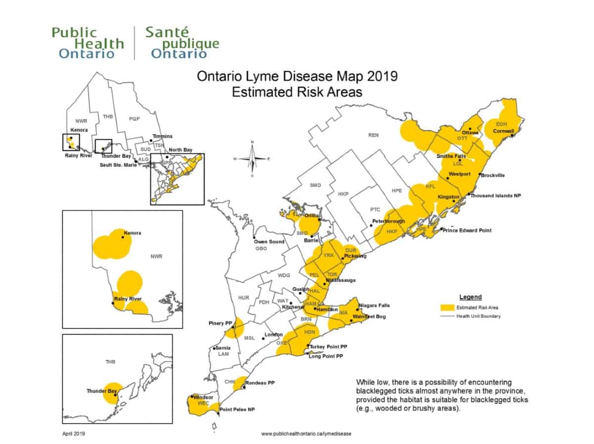 map of the lyme disease risk area in Ontario, Canada