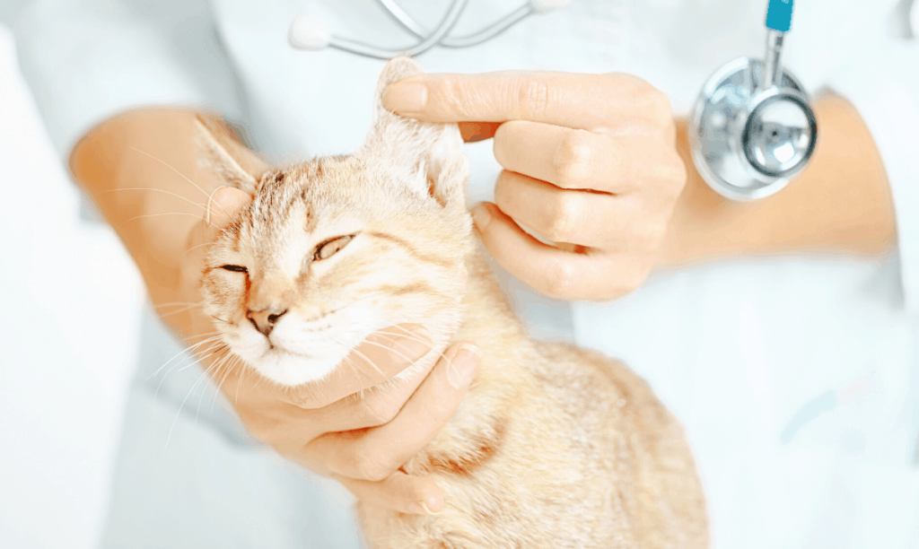 orange tabby cat being held by a veterinarian, having it's ear inspected
