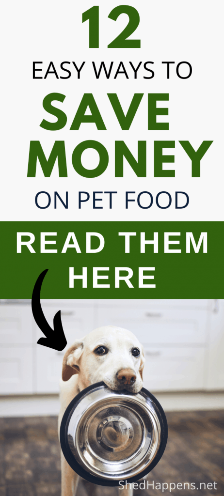 golden lab dog holding a stainless steel dog dish in it's mouth with the title 12 easy ways to save money on pet food