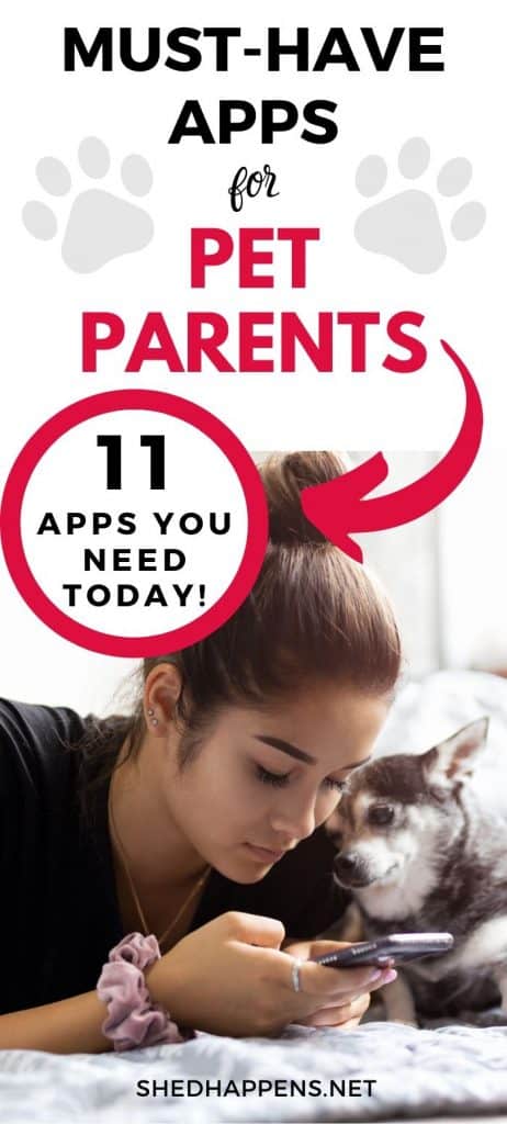 woman with brown hair pulled back in a bun laying on her stomach looking at her cellphone with a small dog beside her with the title must-have apps for pet parents
