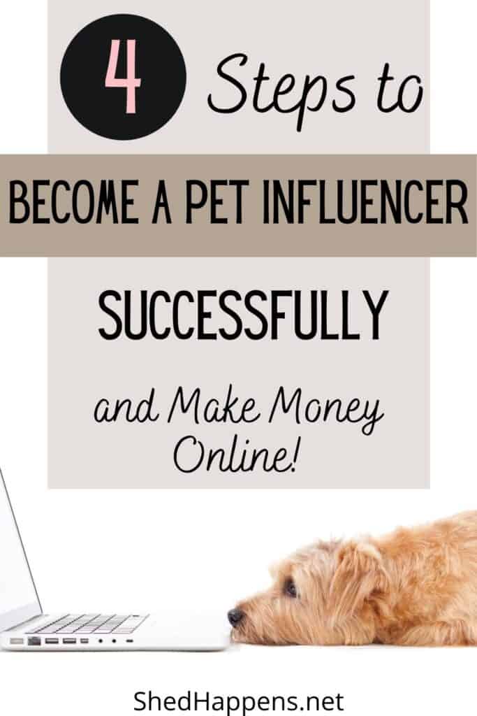 small brown dog laying on the ground, it's head down, staring at an open laptop right in front of it's nose with the text 4 steps to become a pet influencer successfully and make money online across the top
