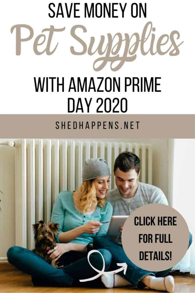 A young couple is sitting cross-legged on the floor next to each other, both looking at a tablet in his hand. She is holding out a credit card, with a small brown dog in her lap. Text reading save money on pet supplies with Amazon Prime Day 2020