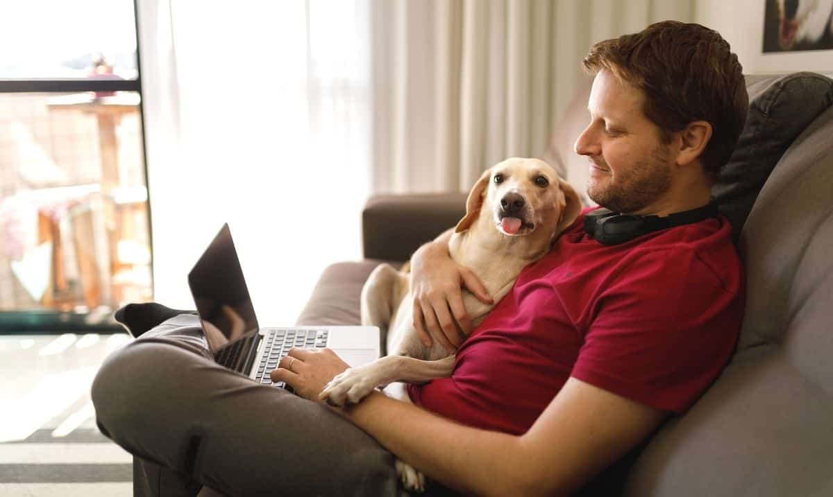 man with a burgundy t-shirt and grey pants sitting on a couch, laptop in his lap, with a small tan coloured dog cuddled up beside him