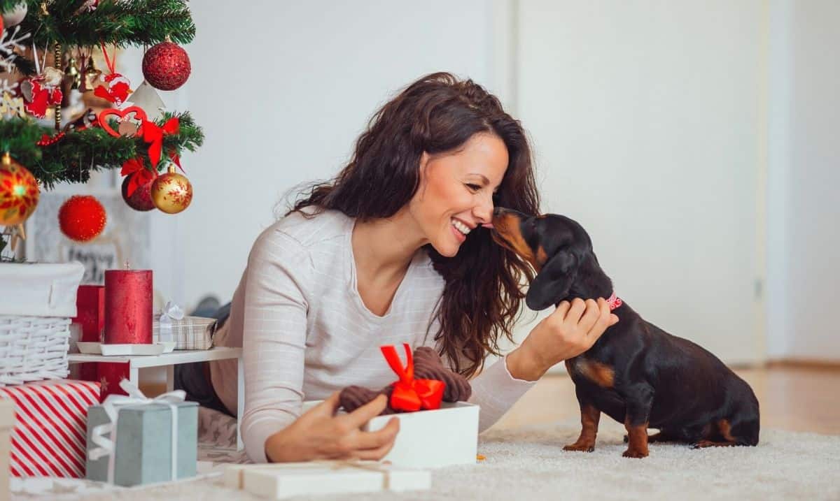 woman with long dark brown hair laying beside a Christmas tree and a pile of gifts, an open gift in front of her, looking to a black and brown dachshund beside her that's kissing her nose