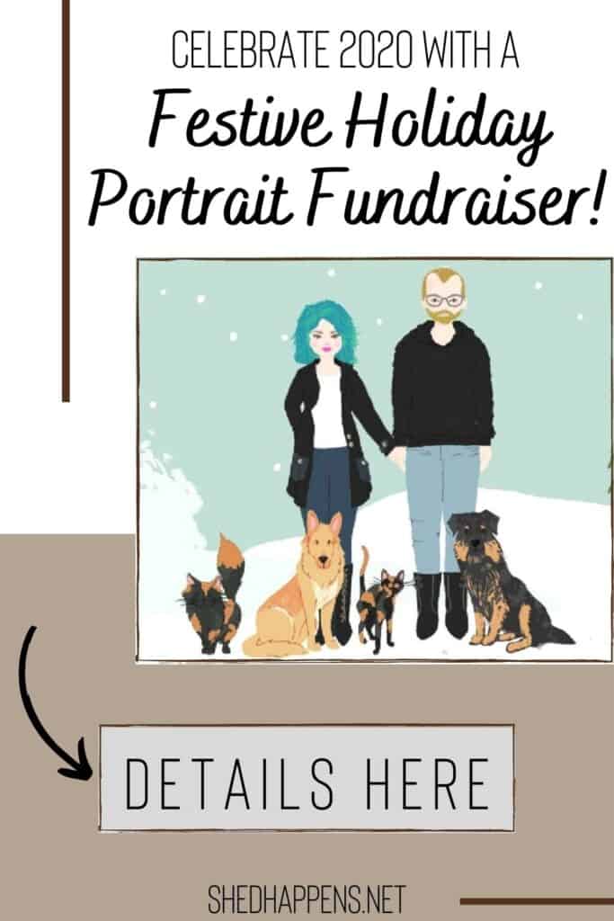 portrait of a family standing outside in the snow, including a woman with blue hair, a man with blonde hair, 2 cats and 2 dogs, announcing a festive holiday portrait fundraiser