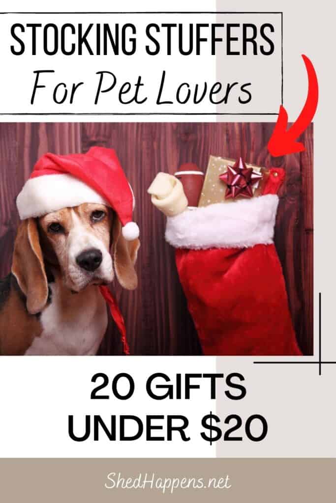 brown and white dog with floppy ears, wearing a santa hat, standing next to a Christmas stocking full of gifts with the title Stocking Stuffers for Pet Lovers 